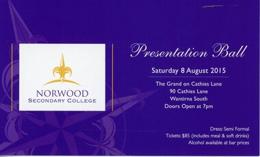 Card, Norwood Secondary College Presentation Ball - Saturday 8 August 2015