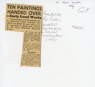Newspaper, Ringwood Historial Research Group (Ringwood & District Historical Society) gives paintings to Ringwood Council