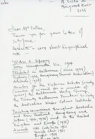 Letter, Hand-written biography by artist Gordon Speary