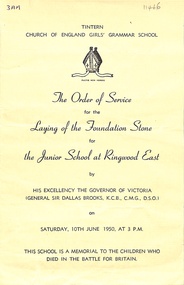 Document, Tintern CEGS Ringwood East - Order of Service for the Laying of the Foundation Stone for the Junior School on Saturday 10th June 1950 by The Governor of Victoria