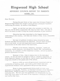 Pamphlet, Ringwood High School - Advisory Council Report to Parents, November, 1970