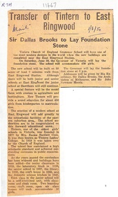Article, Tintern CEGS Ringwood East - Newspaper Clipping 1/6/1950-Transfer of Tintern to East Ringwood