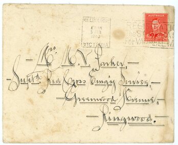 Letter, Envelope to Mrs MV Parker, superintendent Ringwood Red Cross Emergency Services 5 Few 1940