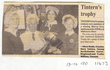 Article, Tintern CEGS Ringwood East - Newspaper Clipping 10/10/1990 - Trophy winners Royal Melbourne Show