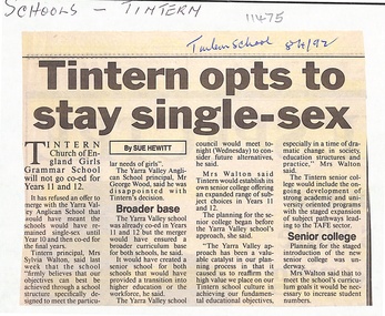 Article, Tintern CEGS Ringwood East - Newspaper Clipping 8/4/1992 - Tintern opts to stay single-sex