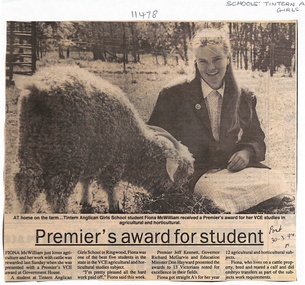 Article, Tintern CEGS Ringwood East - Newspaper Clipping 30/3/1994 - Premier's Award for student Fiona McWilliam