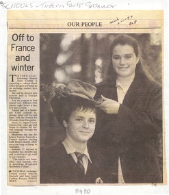 Article, Tintern CEGS RIngwood East - Newspaper Clipping 2/11/1994 - "Off to France and Winter" - Jenni Corbett and Antione Gacioch exchange students