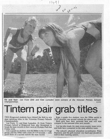Article, Tintern CEGS RIngwood East - Newspaper Clipping 28-11-1995 "Tintern pair grab titles"  (Sprinting)