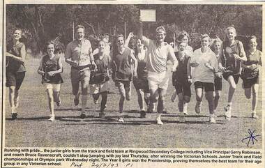 Newspaper, Ringwood Secondary College after winning the Victoria Schools Junior Girls Track and Field championships at Olympic Park on Wednesday night. From The Post 24/2/93, Page 1