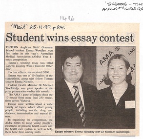 Article, Tintern CEGS RIngwood East - Newspaper Clipping 25-11-1997 -  Student Emma Woodley wins Essay Contest