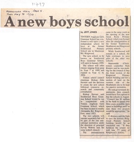 Article, Southwood Boys Grammar School - Newspaper Clipping 5-5-1998 - "A new boys school" on the former Southwood Primary School site  in Maidstone Rd Ringwood