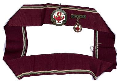 Badge, Ringwood High School girls' hat band with two pinned on badges - one a general badge and one a smaller badge worn by prefects