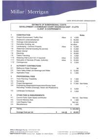 Document, Estimate of Subdivisional Costs - 5 Homebush Court Ringwood East, February 2011. Client: B Coopersmith