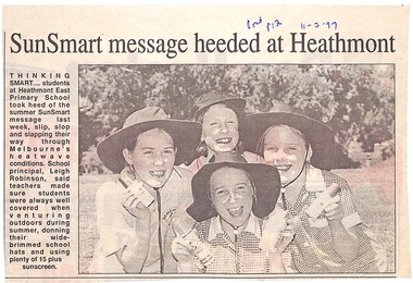 Newspaper, Heathmont East Primary School Article: "SunSmart Message heeded at Heathmont"  11 Feb 1997