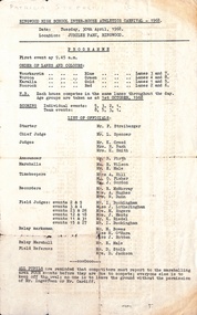 Document, Ringwood High School Inter-House Athletics Carnival 1968, Tuesday, 30th April at JUBILEE PARK, RINGWOOD