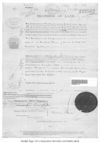 Document, Property Research Notes - Reaghill, Ringwood East, Victoria. Appendix 9 - Transfer of Land - Commercial Bank of Australia Limited to Wallace Bruce - 1900