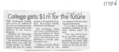 Newspaper, Heathmont College - Newspaper Clipping - 22-5-1995 "College gets $1m for the future"