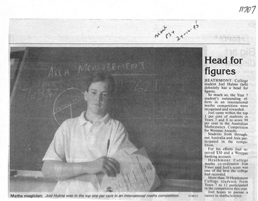 Newspaper, Heathmont College - Newspaper Clipping - 24-10-1995 - "Head for Figures" - Maths Magician Joel Hulme