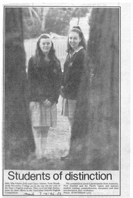 Newspaper, Heathmont College - Newspaper Clipping - 7-11-1995 - "Students of Distinction" - Sally MacAdams and Claire Adams