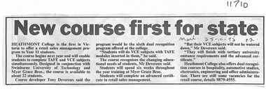 Newspaper, Heathmont College - Newspaper Clipping - 25-10-1995 - "New Course first for State"  (Retail Sales Management)