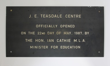Plaque, Official Opening - J.E. Teasdale Centre, Parkwood Secondary College, Ringwood North, Victoria - 1987