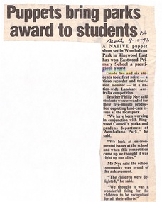 Newspaper, Eastwood Primary School, East Ringwood - Newspaper Clipping - 9-11-1993 - "Puppets bring prks award to students"