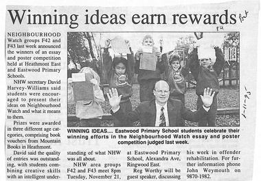 Newspaper, Eastwood Primary School, East Ringwood - Newspaper Clipping - 8-11-1995 - "Winning ideas earn rewards"
