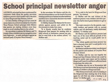 Newspaper, Ringwood East Primary School - Newspaper Clipping - 17-11-1993 - "School principal newsletter anger"