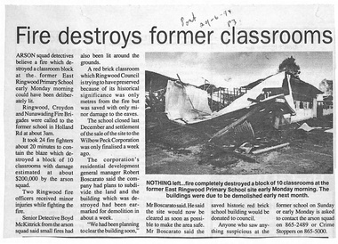 Newspaper, Ringwood East Primary School - Newspaper Clipping - 29 June 1994 - "Fire destroys former classrooms"