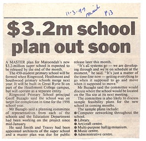Newspaper, Great Ryrie Primary School, Heathmont - Newspaper Clipping - 11 Mar 1997 - "$3.2M School plan out soon""