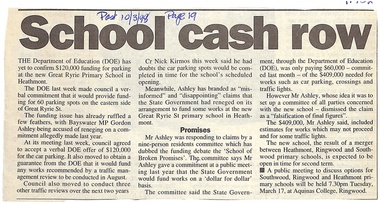 Newspaper, Great Ryrie Primary School, Heathmont - Newspaper Clippings (2) - 10 Mar and 31 Mar 1998 - "School cash row" and "MP ends car park fight"