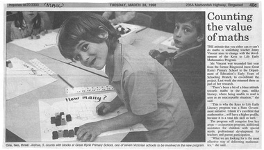 Newspaper, Great Ryrie Primary School, Heathmont - Newspaper Clipping - 24 March 1998 - "Counting the value of Maths'"