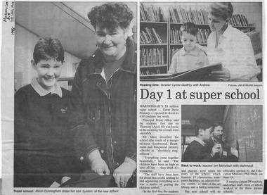 Newspaper, Great Ryrie Primary School, Heathmont - Newspaper Clipping - 5 May 1998 - "Day 1 at super school'"