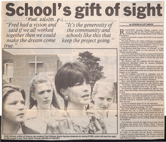 Newspaper, Aquinis College, Ringwood - Newspaper Clipping - 23 Nov 1993 - "School's gift of sight"