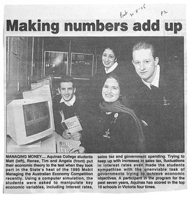 Newspaper, Aquinis College, Ringwood - Newspaper Clipping - 30 Aug 1995 "Making numbers add up"