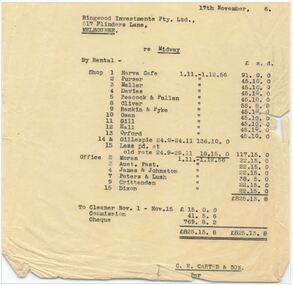 Document - Property Rental Records, Midway Arcade Tenancy, Ringwood, Victoria - November-December, 1956