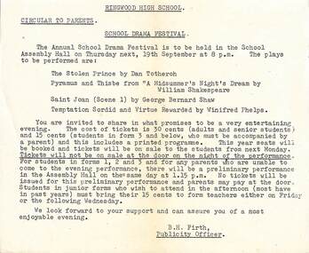 Document, Ringwood High School - Drama Festival  held on 19th September at 8pm. Year not stipulated