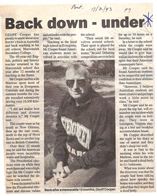 Article, Maroondah Secondary College - Newspaper article 17-2-1993 - "Back down-under" - Geoff Cooper