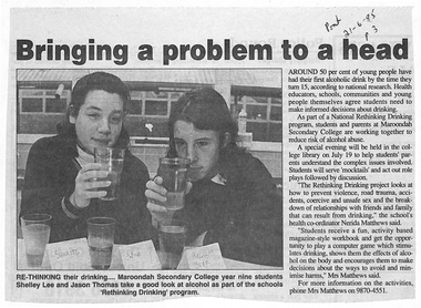 Article, Maroondah Secondary College - Newspaper article 21-6-1995 - "Bringing a problem to a head" - reducing the risk of alcohol abuse
