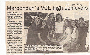 Article, Maroondah Secondary College - Newspaper article 18-1-1995 - "Maroondah's VCE High Achievers"