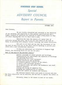 Document, Ringwood High School - Special Advisory Council - Report to Parents October 1967