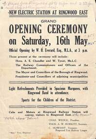 Pamphlet, New Electric Station at Ringwood East Grand Opening Ceremony on Saturday, 16th May, 1925