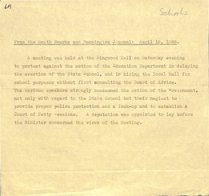 Document, Newspaper Article re delaying Ringwood Primary School construction April 18,1888 (Transcription)