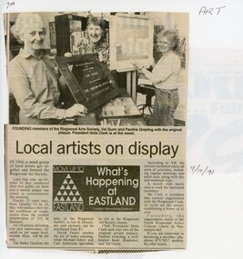 Newspaper, Nola Clark (President), Val Gunn and Pauline Grayling, Ringwood Art Society, in 1991