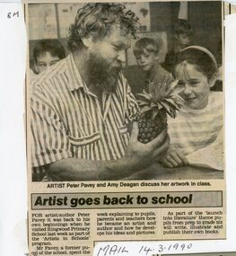 Newspaper, Artist Peter Pavey at Ringwood Primary School in 1990