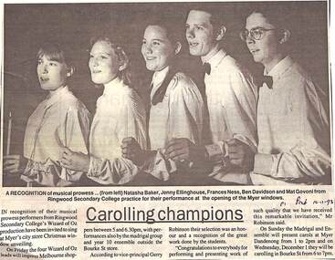 Newspaper, Ringwood Secondary College - Carolling Champions -  Post - 10/11/1993 - Page 1