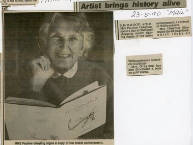 Newspaper, Artist Pauline Grayling promoting her "A Portrait of Williamstown" book in May 1990
