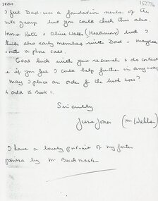 Letter, June Jones (nee Webber) talking on artists in Ringwood in 1987