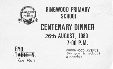 Card, Invitation from Ringwood Primary School to Centenary Dinner, 26th August 1989