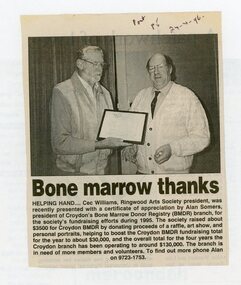 Newspaper, Croydon's Bone Marrow Donor Registry presenting Cec Williams, Ringwood Art Society with a fundraising certificate in April 1996